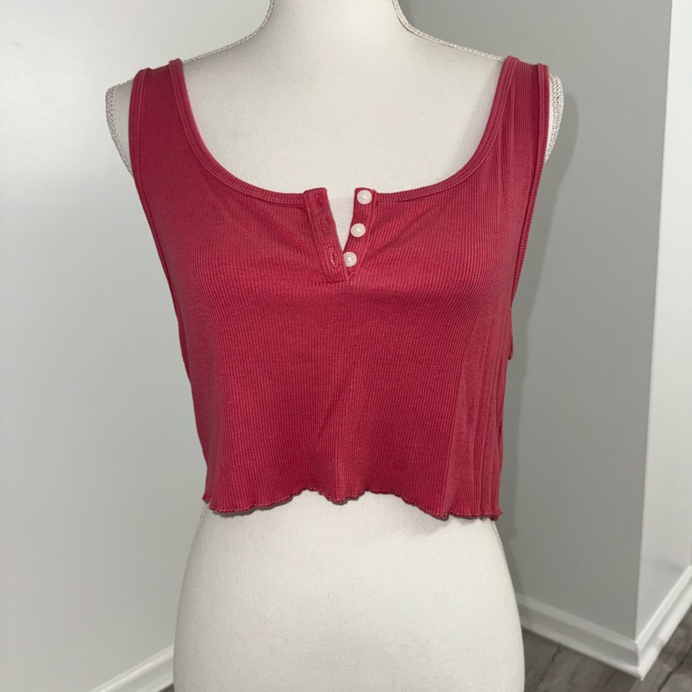 American Eagle XL Pink Ribbed Henley Crop Tank Top Sleeveless Lettuce Hem Y2K